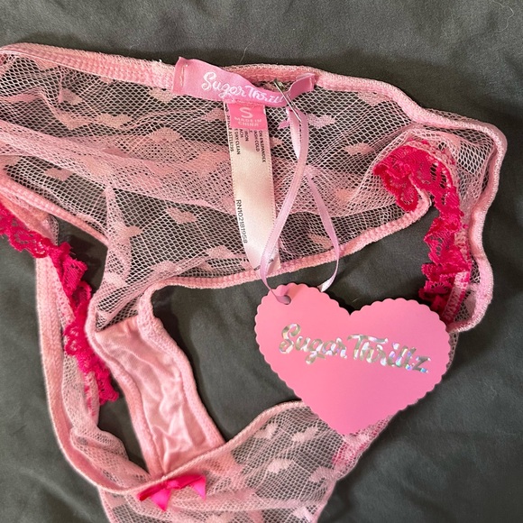 Discontinued Sugar Thrillz for Dolls Kill Flirty Pink Heart Mesh Lingerie Set - Picture 8 of 12